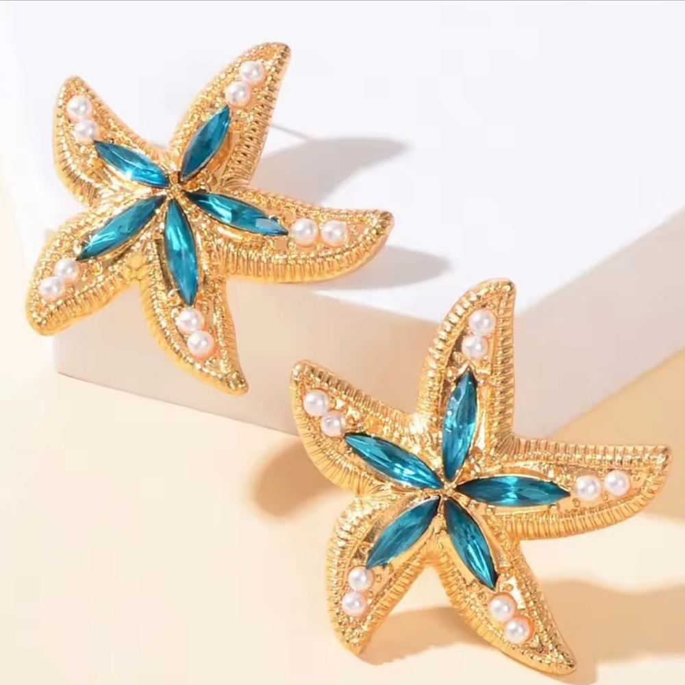 Gold and Blue Starfish Earrings
